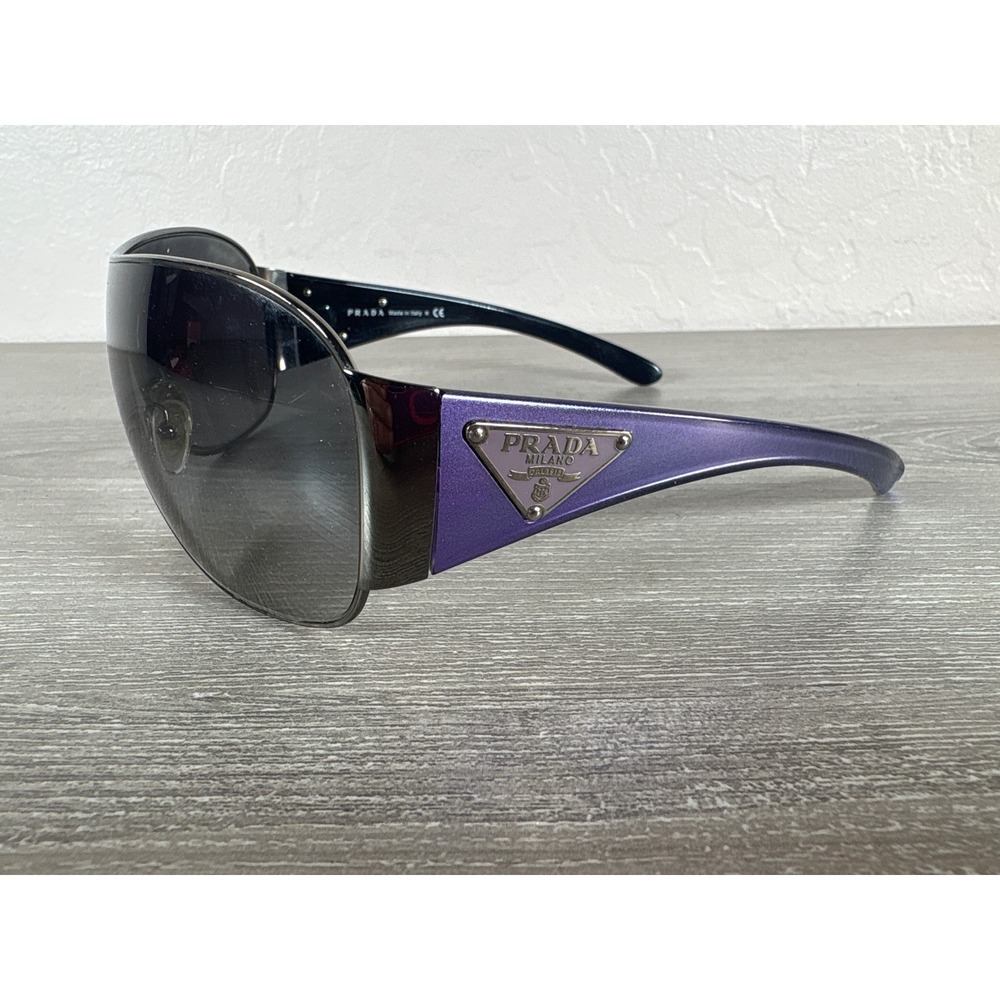 Prada Milano Shield Sunglasses Purple Arms Silver Triangle Logo SPR 57L Italy - Picture 4 of 8